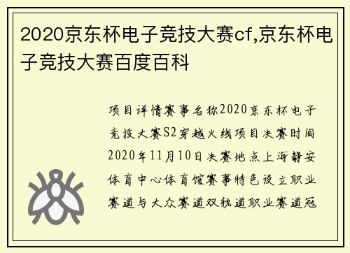 2020京东杯电子竞技大赛cf,京东杯电子竞技大赛百度百科